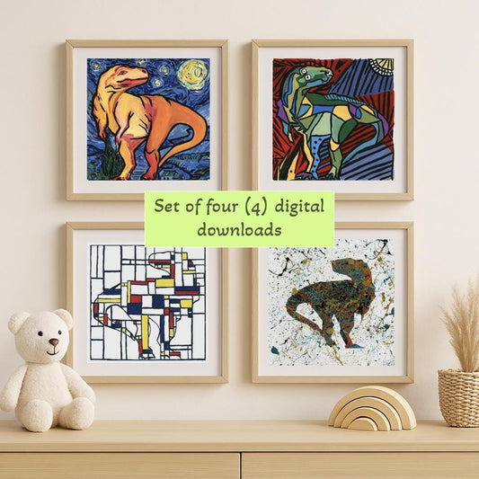 Set of 4 Dinosaur Prints, Dinosaur Wall Art, Art History Dino Nursery Decor, Boys Room Decor, Realistic Dinosaur Art, Dinosaur Kids Prints