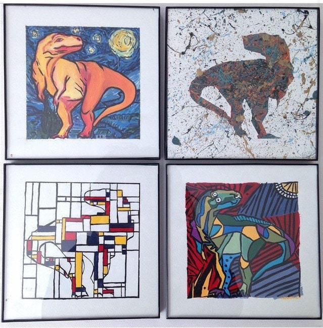 Set of 4 Dinosaur Prints, Dinosaur Wall Art, Art History Dino Nursery Decor, Boys Room Decor, Realistic Dinosaur Art, Dinosaur Kids Prints